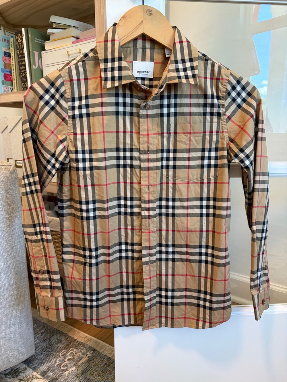 Burberry boys size 10 Tan Plaid Cotton Button-Down Shirt